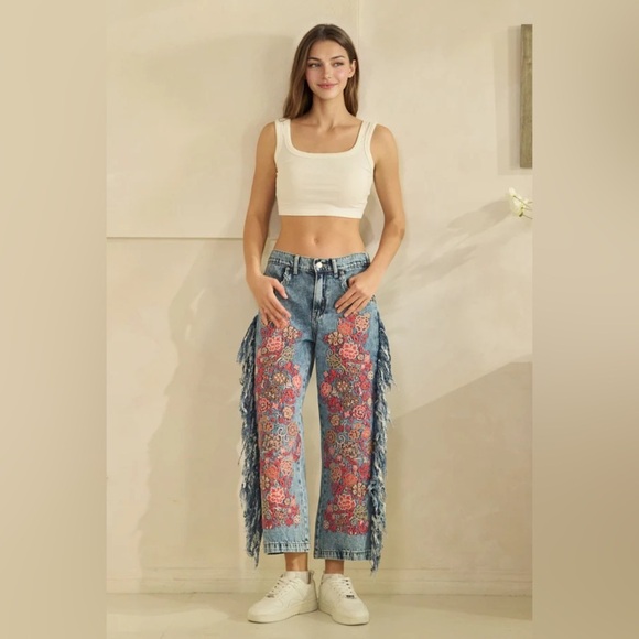 Oli & Hali Denim - BP1145 Washed Embroidery Side Fray Jeans